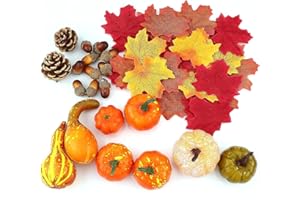 FARDAS 50pcs Artificial Pumpkins Autumn Decoration Set, Halloween Mini Maple Leaves Acorns Pinecones Gourds Fake Pumpkins Decoration Pack for Fall Thanksgiving Christmas Wedding Home Table Decoration