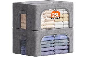 Lifewit 2 Pezzi Scatole per Armadio Rigide con Cerniera, Contenitori per Armadio Salvaspazio, Scatole Vestiti Cambio Stagione con Struttura in Metallo Pieghevole, Grigio, 25 L