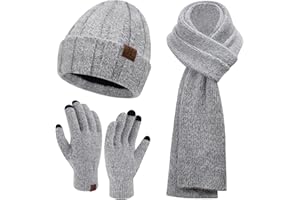 Bequemer Laden Womens Winter Warm Knit Beanie Hat Touchscreen Gloves Long Neck Scarf Set with Fleece Lined Skull Caps Gifts for Women Men