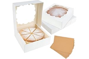 BTSD-home 20 Pack Cake Boxes for 9 Inch Pie 9x9x3 in Biscuit Boxes Cookie Boxes with Window Brownie Boxes Perfect for Pies, Cookies, Cheese Cake, Desserts With 20 Kraft Paper Stickers (White)
