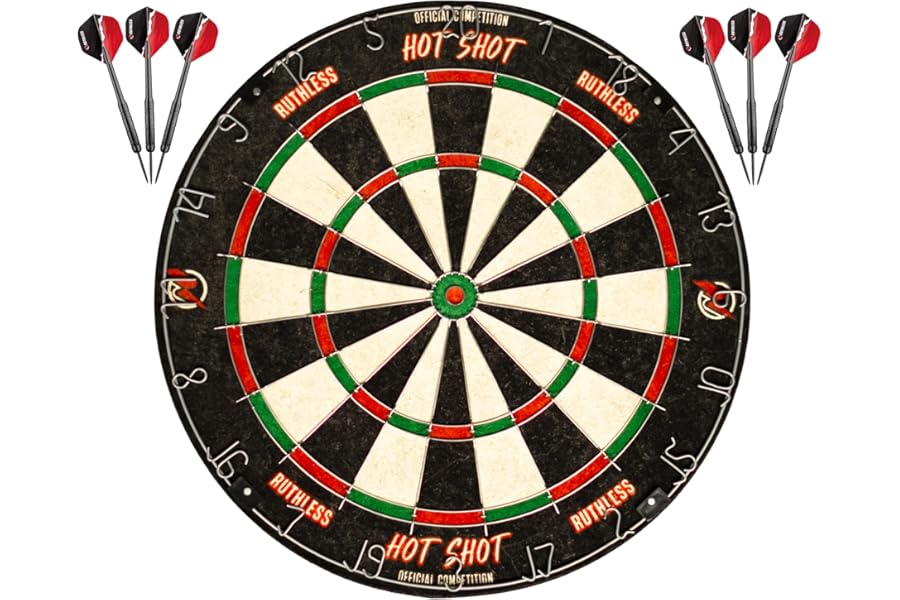 Ruthless Hot Shot Dart Board | Endurance Round Wire Sisal Dartboard Set Including 2 sets of Steel Tip Darts