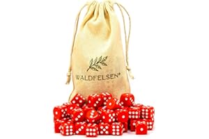 Waldfelsen Lot de 6, 12, 20, 30 ou 50 dés de haute qualité de taille standard de 16 mm en acrylique - Cube de jeu Dice 6 côtés à six côtés - Accessoires de jeu avec sac en tissu (rouge, 50 pièces)