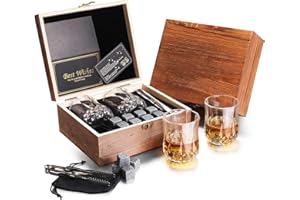 BABAN Whisky Stein Set, Wiederverwendbare Eiswürfel, 8 Eissteine und 2 * 200ml Whiskygläser, Edelstahlclips und Tasche aus Fleece, Geschenk Box aus Holz, Männer und Frauen