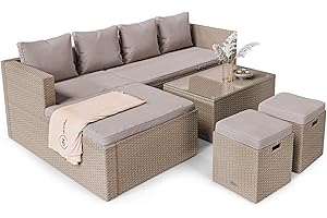 di volio Bologna Polyrattan Garden Furniture Set for Garden and Patio with Corner Sofa, Table and 2 Stools - Lounge Set in Rattan Look Including a Fleece Blanket