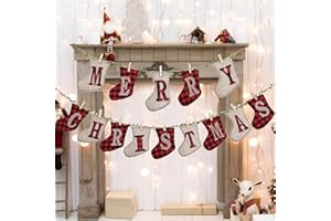 LessMo Merry Christmas Banners, Sock Shaped Christmas Burlap Banners,Christmas Banners Flags Outdoor Indoor Vintage Hanging Decorations, for Christmas Party Wall Tree and Fireplace