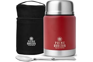 PRIME HORIZON SUPREME QUALITY Prime Horizon Food Flask - 500ml Stainless Steel Vacuum Double Wall Jar with Folding Spoon, Leakproof and BPA Free. Free Insulated Travel Bag with Carabiner and Gift Box (Red)