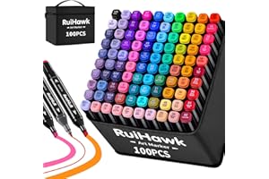 RuiHawk 100 Couleurs Feutre a Alcool, Feutres Coloriage Adulte, Marqueurs à Croquis Double Pointe 2S Séchage Rapide avec Pochette de Transport et Espaceur pour les Débutants Artistes Dessin