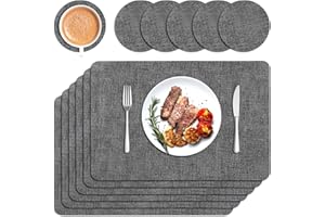 Sarsumir Placemats, Placemats and Coaster Sets 6 Place Mats and 6 Coasters PU Leather Dining Table Mats Washable Heat Resistant Non-Slip for Home Kitchen Restaurant, Dark Grey