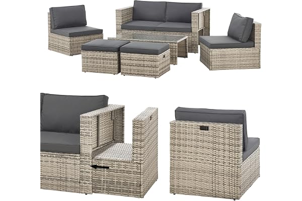 Juskys Salon de Jardin Salou en polyrotin - Espace Lounge d'extérieur résistant aux intempéries pour 6 Personnes - Coin Salon avec Table & Coussins - pour Jardin, Balcon, terrasse - Gris