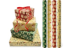 LZRINUE 4 rollos de papel de regalo navideño, 43 cm x 3 m, papel de regalo Kraft reciclable, adecuado para Navidad, cumpleaños, fiestas, Halloween, baby shower, decoraciones navideñas