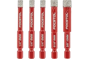 FOCSTOL Juego Brocas Diamante Seco - 5 piezas 6/6/6/8/10mm Corona Diamante con Cambio Rápido Vástago Hexagonal para Cerámica Porcelanato Mármol Granito