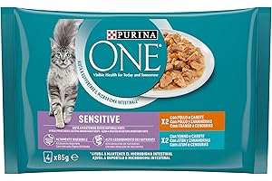 PURINA ONE Comida Húmeda Para Gato, Filetes en Salsa Para una Digestión Sensible con Pollo, Atún y Zanahorias, 4 x 85 gr - Paquete de 12 piezas - Total: 4.08 kg