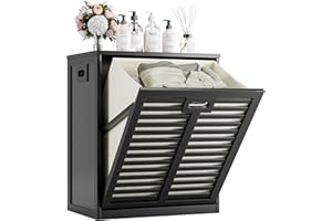 HITNET Tilt Out Laundry Hamper, Bamboo Laundry Cabinet with Pull Out Removable Bag, 63L Clothes Basket with Metal Handle for Bathroom Kitchen, Black