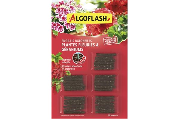 Algoflash Bâtonnets Engrais Géraniums et Plantes Fleuries, Utilisable en Agriculture Biologique - 30 Bâtonnets, Marron