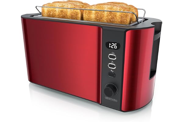 Arendo - Grille pain 2 larges fentes 4 tranches écran digital - Grille-pain automatique 3en1-1500W - 6 niveaux réglable décongélation réchauffe viennoiseries plateau à miettes -Toaster rouge carmin