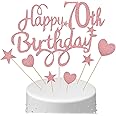 Boao Cake Topper Set, Happy 70th Birthday Cake Topper with Heart Star Cupcake Picks Glitter Cake Decoration for Birthday Party Cake Supplies, Rose Gold