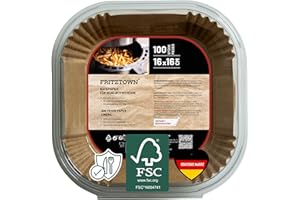 FRITZTOWN Air Fryer Papier – 100 Stück, 16x16 cm Quadratisch | Antihaft Backpapier für Heißluftfritteusen | Kompatibel mit Ninja COSORI Philips Cecotec Midea Russell Hobbs XL XXL Airfryer