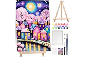 Bowetile Paesaggi Dipingere per Numeri per Adulti con Cavalletto Legno, Kit Dipingere Castello per Numeri per Adulti, Kit Pittura Acrilica Numerata Per Decorazione Della Casa20x30cm