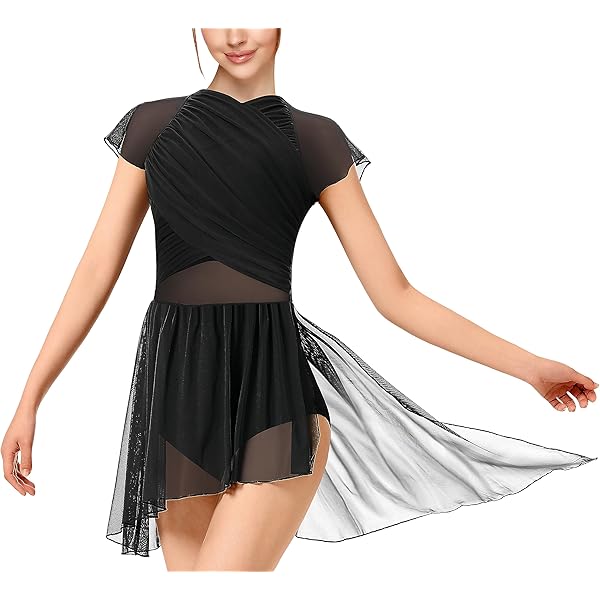 YiZYiF Dansjurk voor dames, lange mouwen, kant, patchwork, dansbody, balletshirt, asymmetrische rok, kunstschaatsen, tango, latin jurk, moderne dansoutfit, wit_a, S