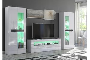 Furneo MilClif 13 – High Gloss & Matt White Living Room Set, TV Stand & Display Cabinets, RGB (Multicoloured) LED Lights