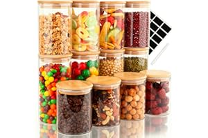 Otauoaea 12pcs Tarros de Cristal con Tapa, 4x 400ml & 4x 500ml & 4x 700ml Frascos de Vidrio Herméticos, Botes de Cristal con Tapa de Bambu para Almacenaje Cereales, Harina, Merienda