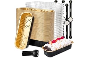 Hikrxya 60 Pack Mini Loaf Baking Pans with Lids and Spoons - 200ml Reusable Rectangular Aluminum Foil Baking Pans with Sealing Sticker for Dessert Bread Wedding Picnic Birthday Party - Black Gold