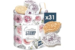 Aladine - 31 Tampons Fleurs avec Encreur Noir - pour Personnaliser Cartes, Invitations - Scrapbooking, Bullet Journal, Motifs Floraux Nature Rose Floral - Creative Stamp - 03750