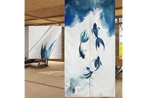 LIGICKY Traditioneller Chinesischer Stil Vorhang, Tuschemalerei Dick Noren Lang Vorhang Doppelseitig Druck TürVorhang Raumteiler Tapisserie für die Heimtextilien 85 x 180 cm, Weiß (Fisch)