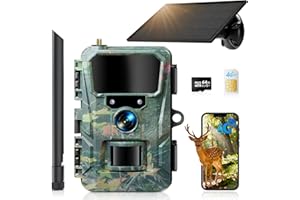 WOLFANG Fototrappola 4G con SIM e 64GB SD, 2K 48MP HD Fotocamera Solare Caccia con Batteria da 5200 mAh, Infrarossi Rilevatore di Movimento Visione Notturna IP66 Impermeabile