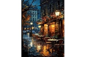 Wenfdrtr Landscape Paint by Numbers for Adults-Rainy Night Painting by Numbers for Adults,Landscape Oil Paint by Numbers Kits for Wall Art Decor Gifts(12x16Inch,Frameless)