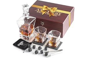 AMERIGO Luxus Whiskey Stones Geschenkset - Whiskey Dekanter Set + 2 Whiskey Gläser + 8 Wiederverwendbare Eiswürfel & 2 Schieferuntersetzer - Whisky Geschenke für Männer Whiskey Rocks + Eiszange