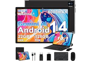 BIEGEDY 2026 último Tablet 10 Pulgadas Android 14 con Gemini AI, 22GB RAM + 128GB ROM (TF 2TB), Octa-Core 2.0GHZ, 8000mAh, GMS, Widevine L1, GPS, OTG,5G WiFi 6 & BT 5.0,Tablet Teclado y Raton Negro