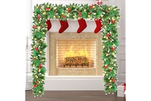 KOOFIT Ghirlanda Natalizia, 2.7M/9 FT Ghirlanda Natalizia per Porta, Ghirlanda Natale con 50 Luci, Ghirlanda di Natale Decorazioni Artificiale per Porta, Scale, Camino, Finestra, Giardino, Interni ed Esterni