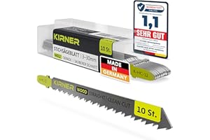 KIRNER Stichsägeblätter Holz 10 Stk. [ bis zu 5x mehr Schnitte ] extrem feiner & gerader Schnitt (3-30mm) in Holz & Kunststoff - für alle T-Schaft-Stichsägen - Feinschnitt Sägeblatt