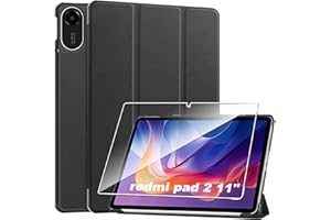 Heioloo Custodia per Redmi pad 2 11" 2025 Cover in Pelle Case, + [1 Pezzi] Vetro Temperato Pellicola Protettiva [Auto Svegliati/Sonno][Supporto Funzione ] [Anti-Scratch] Grigio