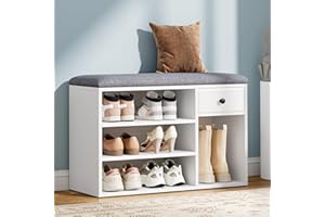 YITAHOME Panca Scarpiera, Scarpiera Ingresso con Seduta Imbottita, con Cuscino, Cassetto in Tessuto e Scomparti Aperti, 3 Scomparti, Adatta agli Stivali, Bianco e Grigio