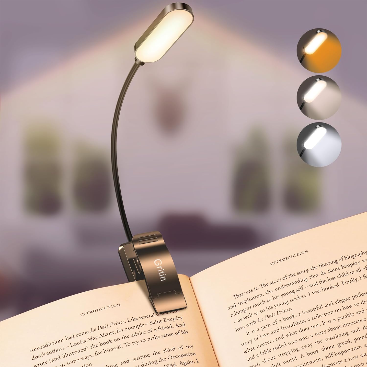 Gritin Lampe de Lecture 16 LED, Liseuse Lampe Clip Rechargeable USB-C | Gradation Progressive, 3 Modes de Protection des Yeux (Blanc/Ambre/Mixte), Longue Durée, 360°Cou Flexible pour Lire au Lit