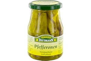 ‎FEINKOST DITTMANN Feinkost Dittmann Grüne Pfefferonen mild pikant - Grüne Paprikafrucht aus Griechendland - 300g Glas, 1er Pack - Handgeplückt - mild pikant eingelegt - ideal zu griechischen Salaten oder als Antipasti
