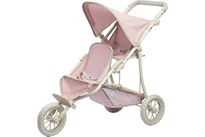 Olivia's Little World Double Jogging-Style Pram for Baby Dolls with Tandem Seating for Dolls and Stuffed Animals with a Retractable Canopy, Storage Basket, All-Terrain Wheels, Cream and Pink with Grey