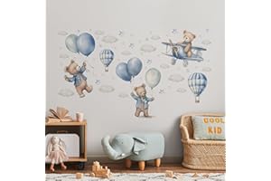 Muralo Zestaw naklejek dla dziewcząt i chłopców – akwarelowe naklejki ścienne tatuaż do pokoju dziecięcego – naklejki ścienne z motywem misiów i balonów – szer. 120 cm x wys. 60 cm