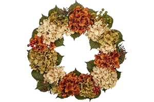 HOLLYONE 24'' Artificial Hydrangea Wreath, Fake Flower Wreath for Front Door, Orange Green Faux Hydrangeas for Summer & Autumn Decorations, Floral Arrangement for Mantel, Kitchen, Farmhouse, Wall Decor