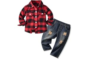 Volunboy Baby Boy Clothing Sets, Long Sleeve Flannel Shirts + Blue Ripped Jeans 2PCS Fall Winter Casual Outfits