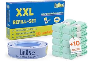 LillOne XXL-SET 10 Nachfüllungen über 10 Meter + 1 wiederverwendbare Kassette – kompatibel mit Windeleimern Angelcare, Litter Locker II, Munchkin – extra lang, hochdicht