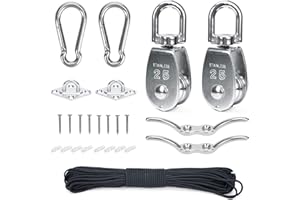 lesolar Crane Pulley Block, 2pcs M25 Pulley Block 304 Stainless Steel, 360° Swivel Pulley Block Wheel, Single Hanging Wire Towing Wheel with 20m/4mm Nylon Line Rope (Loading 330lbs)