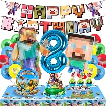 Kit Décoration Anniversaire Pixel 107 Pièces - Thème Jeu Vidéo Pour 9 Ans, Avec Bannières, Assiettes, Ballons, Nappe