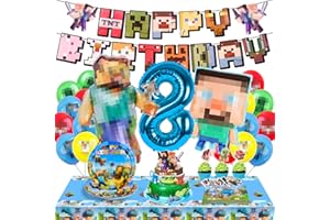 WuGU Decorazioni Compleanno 8 Anni, 65 Pezzi Set Stoviglie di Compleanno con Striscioni, Topper per Torta, Palloncini, Piatti, per Decorazioni Stoviglie Feste di Com-pleanno per Bambini