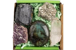 ‎QIANCANNAOR QianCannaor Schutz Klarheit Fülle Kristall-Set – Amethyst Cluster, Pyrit, Schwarzer Turmalin, Klarer Quarz, Labradorit Heilsteine für Meditation, Energie & Spirituelle Balance