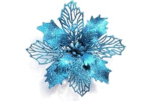 GL-Turelifes - Paquete de 12 flores de Pascua artificiales con purpurina para árbol de Navidad, corona de Navidad, adornos, flores de 16 cm de diámetro, 12 cuerdas suaves de color verde