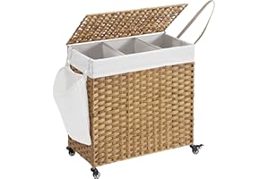 ‎SONGMICS SONGMICS Ręcznie tkany kosz na bieliznę, 140 l, imitacja rattanu, 3 części, zdejmowana torba, pokrywa, uchwyty, łatwy montaż, salon, łazienka, 66 x 33 x 60 cm, kolor drewna LCB363N01