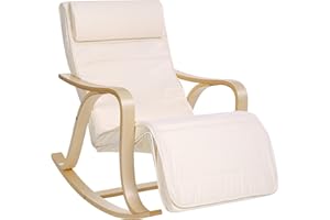 SONGMICS Sedia a Dondolo in Legno di Betulla, Poltrona a Dondolo con Poggiapiedi Regolabile a 5 Altezze, Fodera in Cotone, Portata 150 kg, Beige LYY41M, 67 x 125 x 91 cm